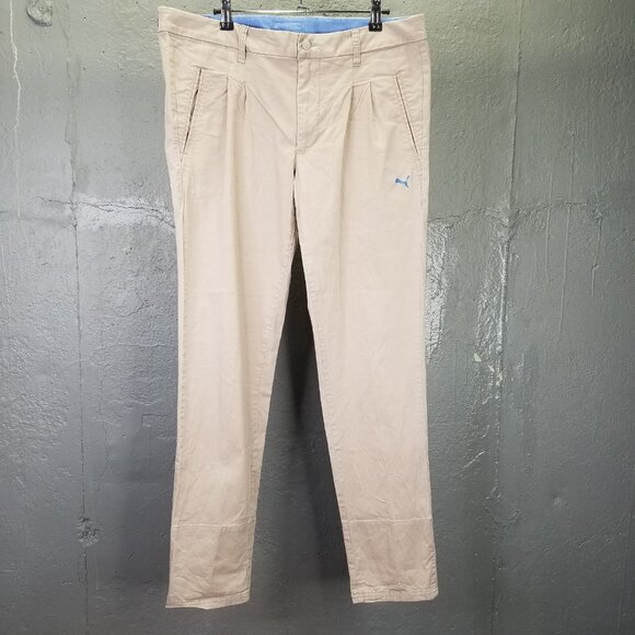 Puma Chino Pants Men's L Beige Pleated Flip Cuff Casual Trouser Stretch Cotton - Picture 2 of 16